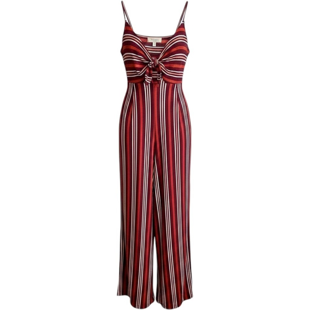 No Comment Women Red Striped Tie Front Wide Leg Jumpsuit Small Festival Resort